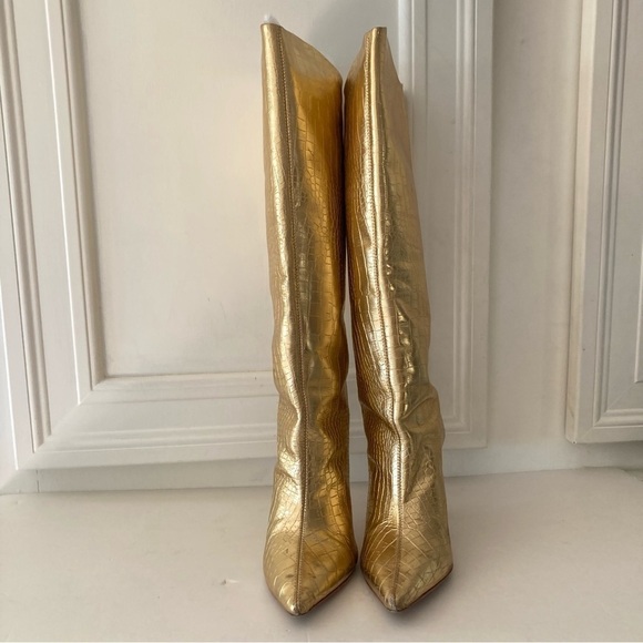 UIB Vicenza Free People Tokyo Tall Gold Metallic Animal Print Boots Sz 7 - Picture 10 of 14